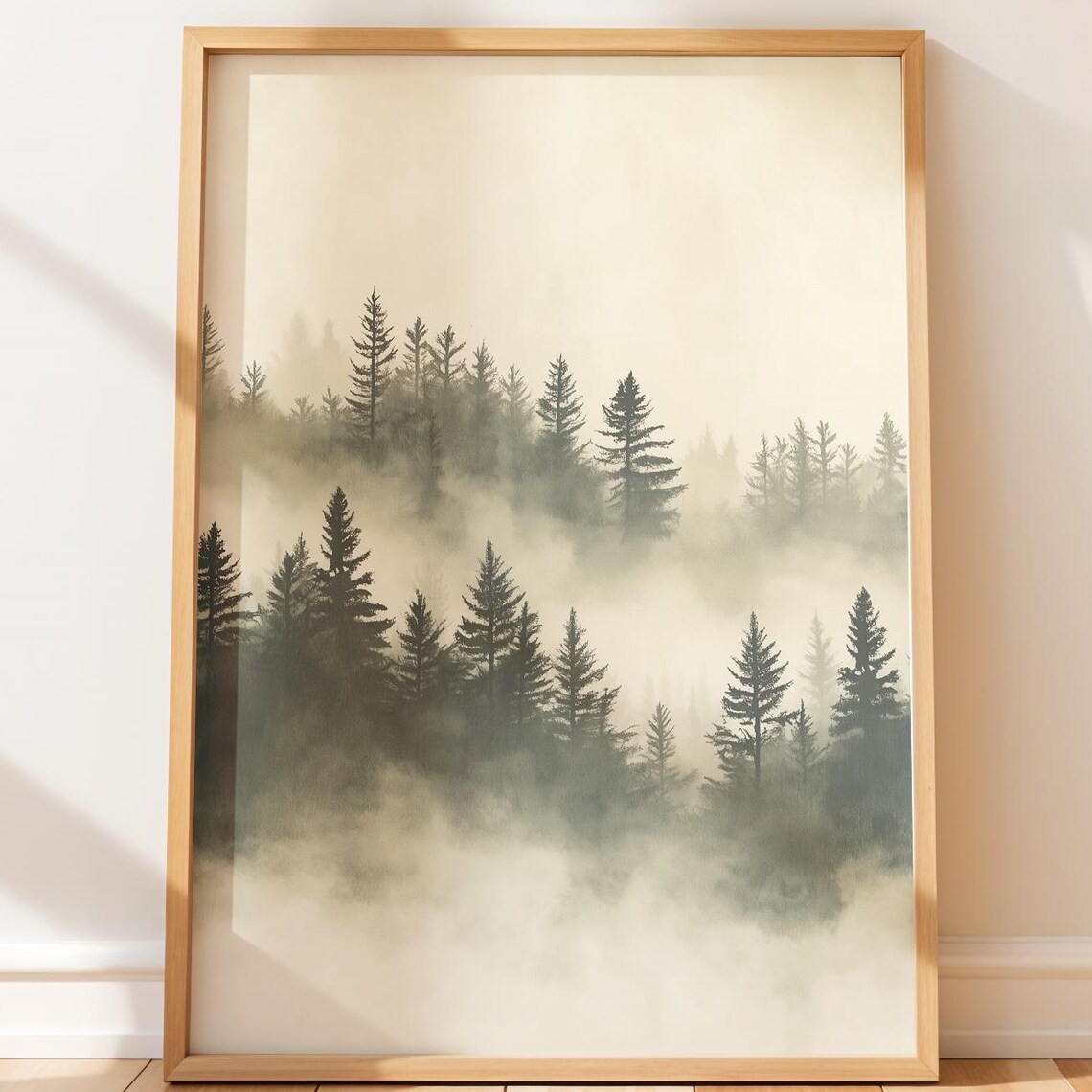 Misty Evergreen Forest Fog Poster Serene Minimalist Woodland