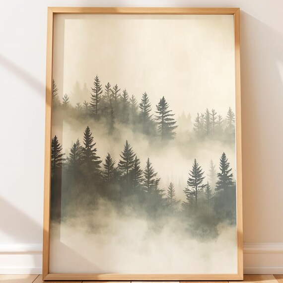 Moody Evergreen Forest Print Minimalist Wall Art Serene Scandi Nature Landscape
