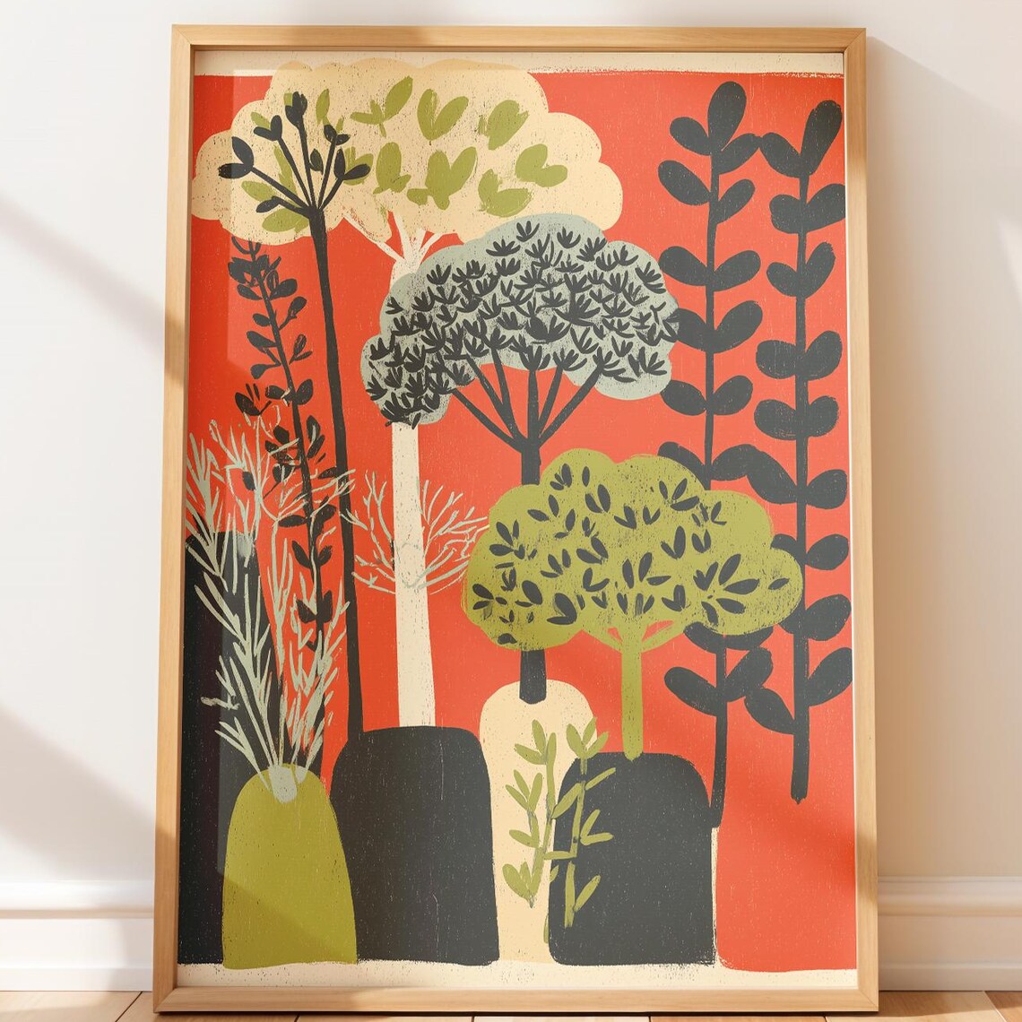 Midcentury Forest Trees Coral Red Bold Graphic Botanical Poster