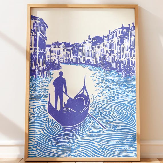 Venice Travel Poster Print Blue Canal Wall Art Gondola Illustration Italian City Decor Minimalist Line