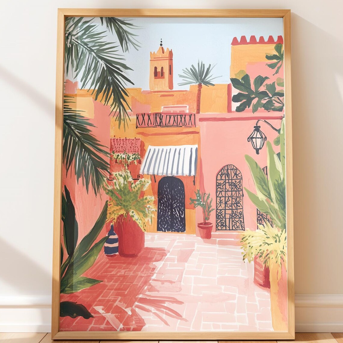 Moroccan Courtyard Pink Buildings Palm Trees Sunny Art Poster
