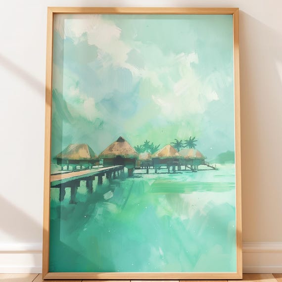 Tropical Bora Lagoon Bungalows Art Serene Coastal Wall Decor Watercolor Travel Illustration Gift Ideas