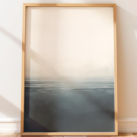 Minimalist Coastal Seascape Poster With Teal Ocean And Misty Sky