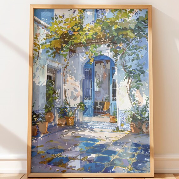 Tunisian Blue Courtyard Watercolor Mediterranean Doorway Print