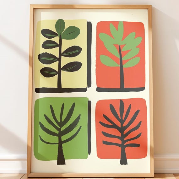Retro Botanical Shapes Art Midcentury Minimalist Plant Design Playful Scandinavian Wall Decor Mid Century Illustration