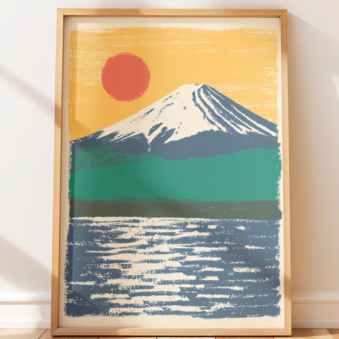 Mount Fuji Retro Travel Poster Red Sun Snow Peak Lake Reflection Art