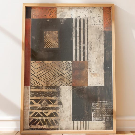 Earthy Tribal Collage Art Print Modern Neutral Wall Decor Rustic Geometric Shapes Boho Mixedmedia Design