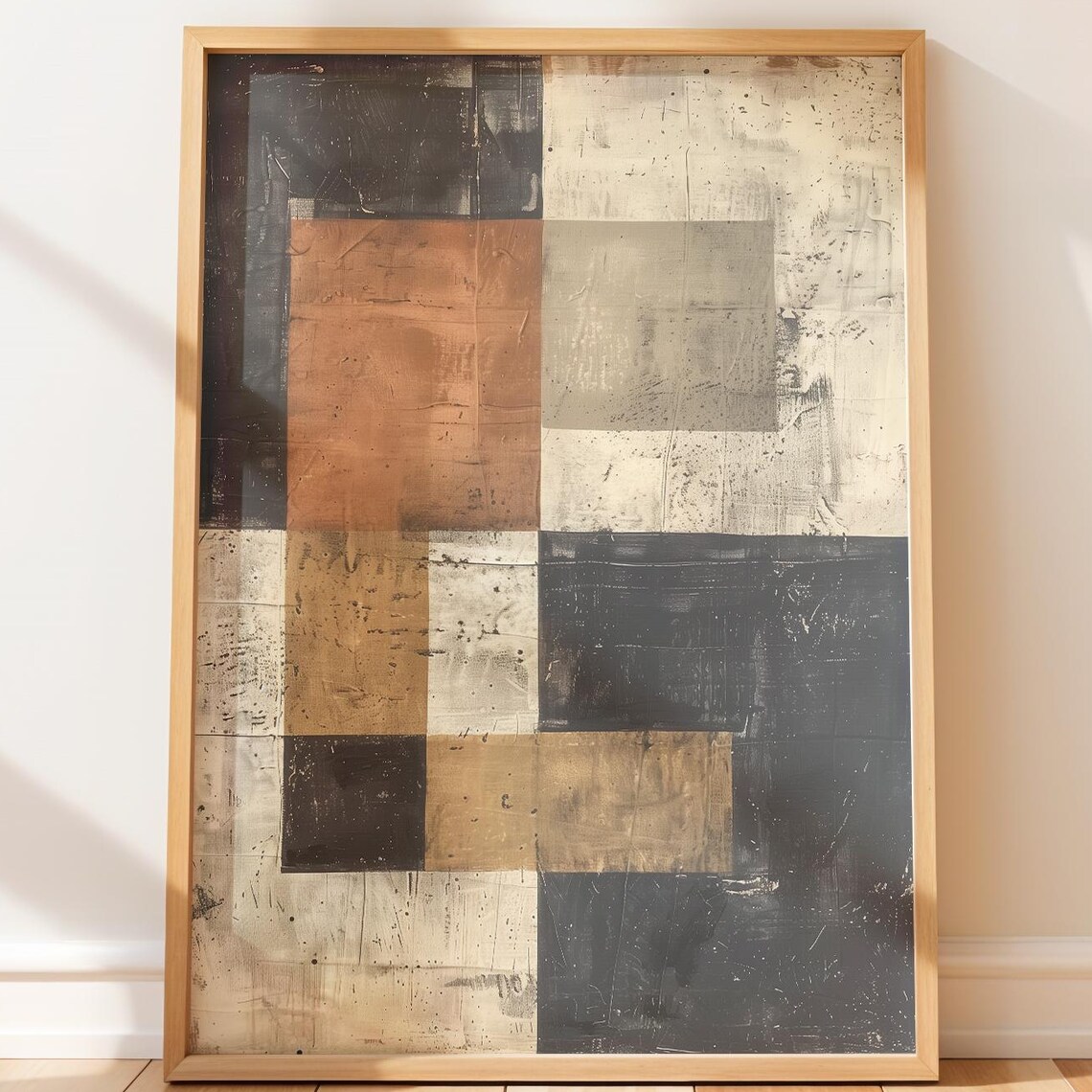 Earthy Minimalist Geometric Squares Textured Mixed Media Art Poster