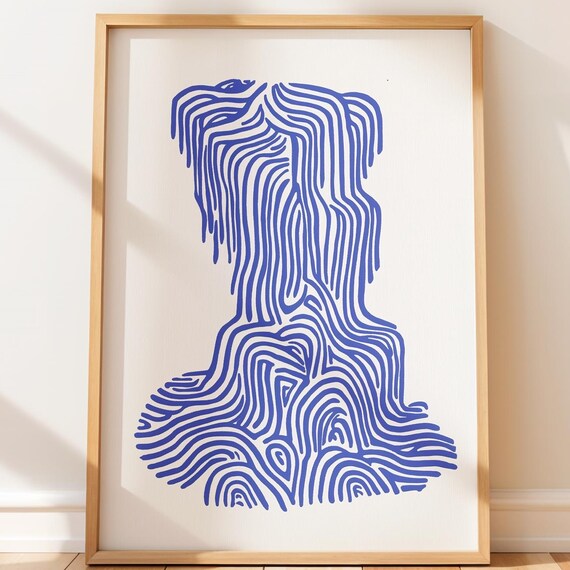 Abstract Blue Line Art Waterfall Poster Minimalist Flowing Contour Design
