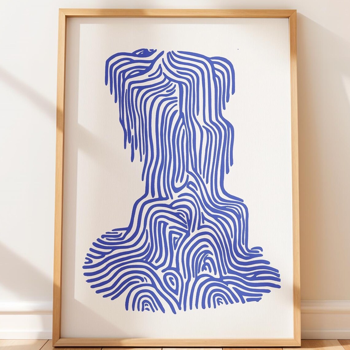 Abstract Blue Line Art Waterfall Poster Minimalist Flowing Contour Design