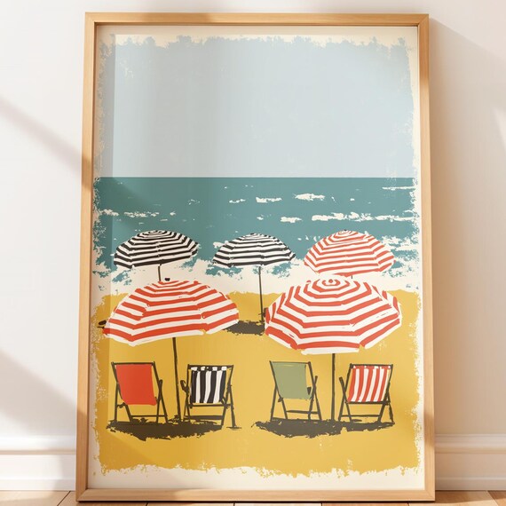 Retro Beach Umbrellas Poster Striped Parasols Midcentury Seaside Art