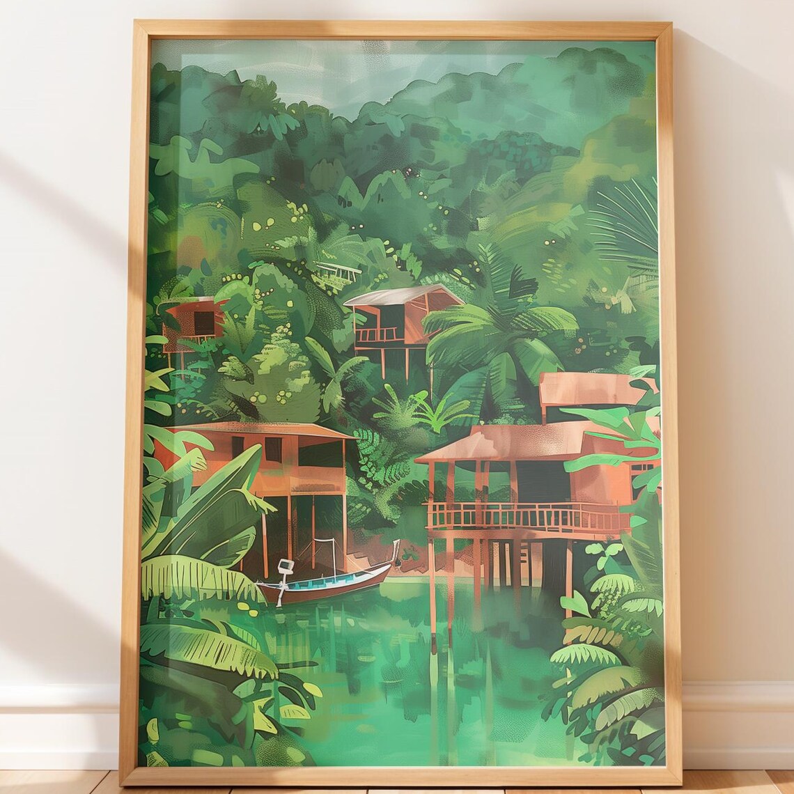 Emerald River Jungle Stilt Village Wooden Boat Nature Poster