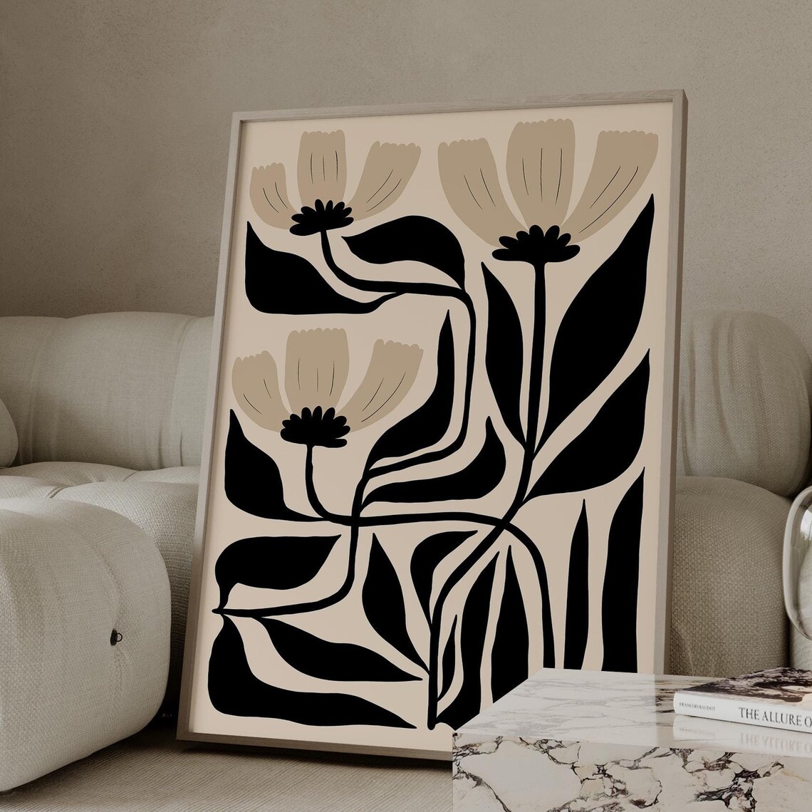 Black And Beige Abstract Flower Poster Bold Graphic Botanical Design