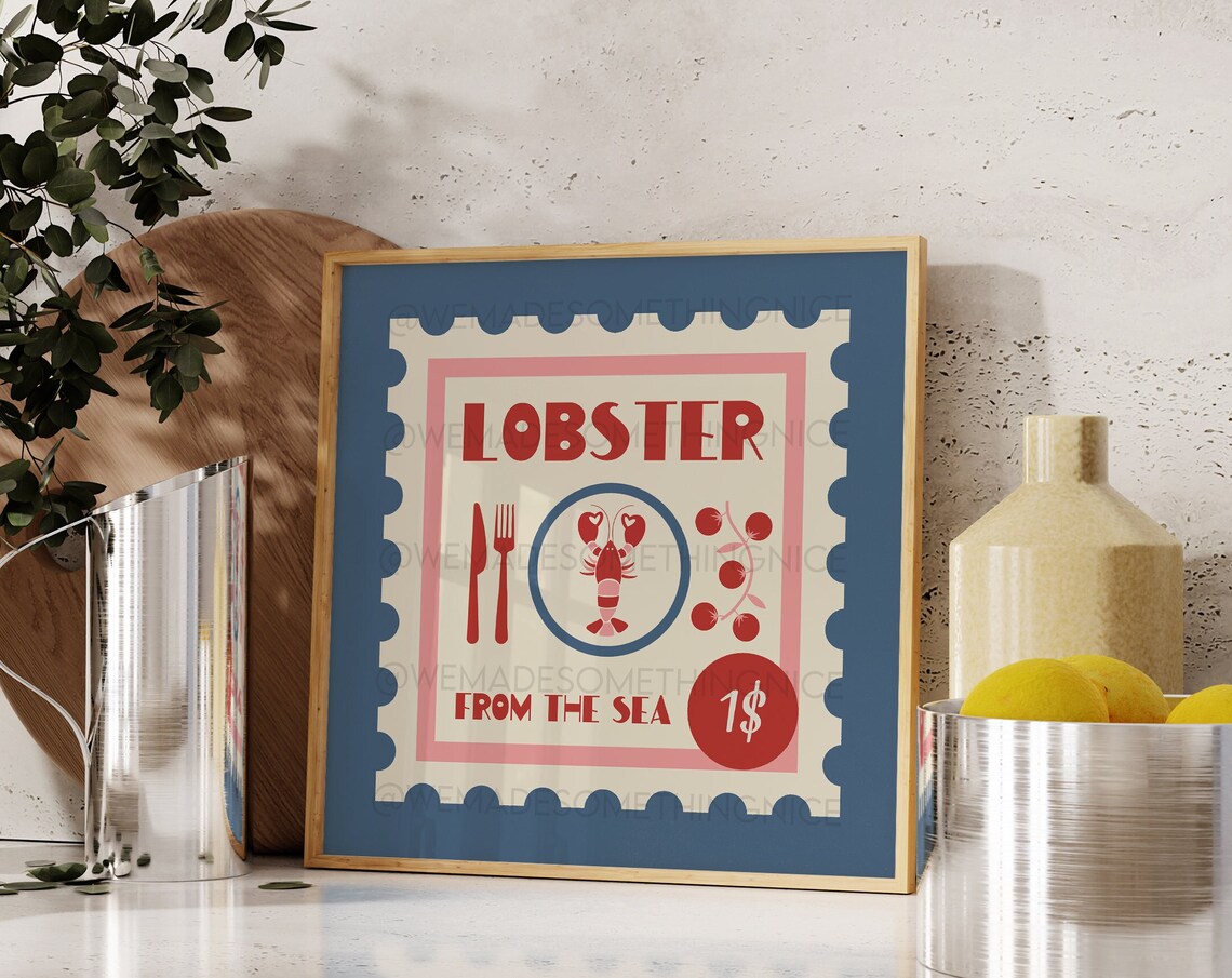 Retro Lobster Poster Kitchen Poster Kitchen Print Food Print Modern Kitchen Decor Illustration Coastal Print
