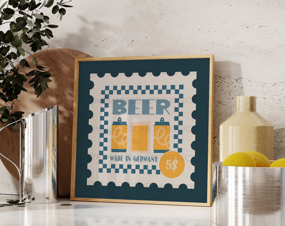 Beer Made In Germany Retro Postage Stamp Golden Steins Bar Poster