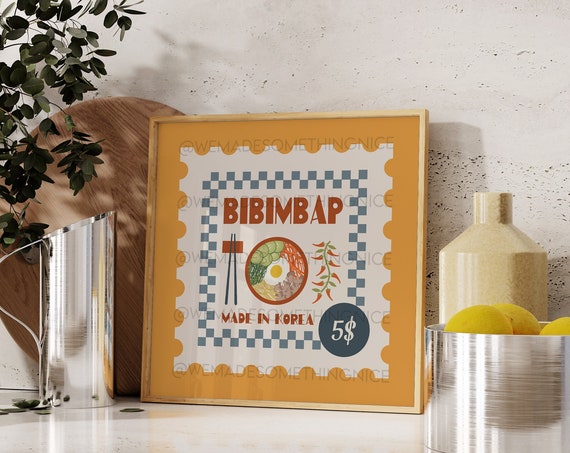 Retro Bibimbap Poster Food Print Modern Kitchen Decor Illustration Korea Food Kitchen Art Exhibition Poster Retro Wall Art Square