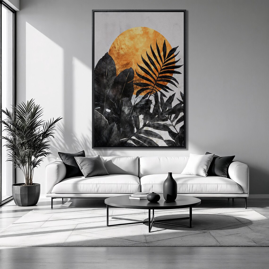 Golden Sun Rising Black Tropical Leaves Silhouette Botanical Art Poster