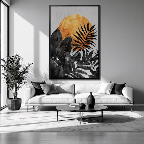 Golden Sun Rising Black Tropical Leaves Silhouette Botanical Art Poster