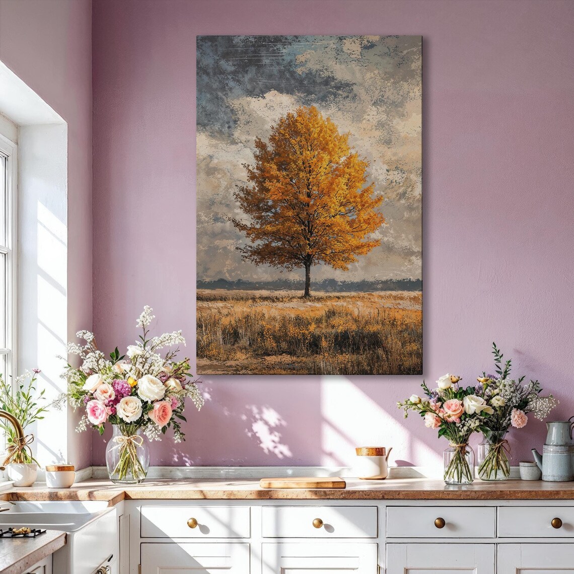 Lone Autumn Tree With Golden Foliage In Vintage Field Landscape Print