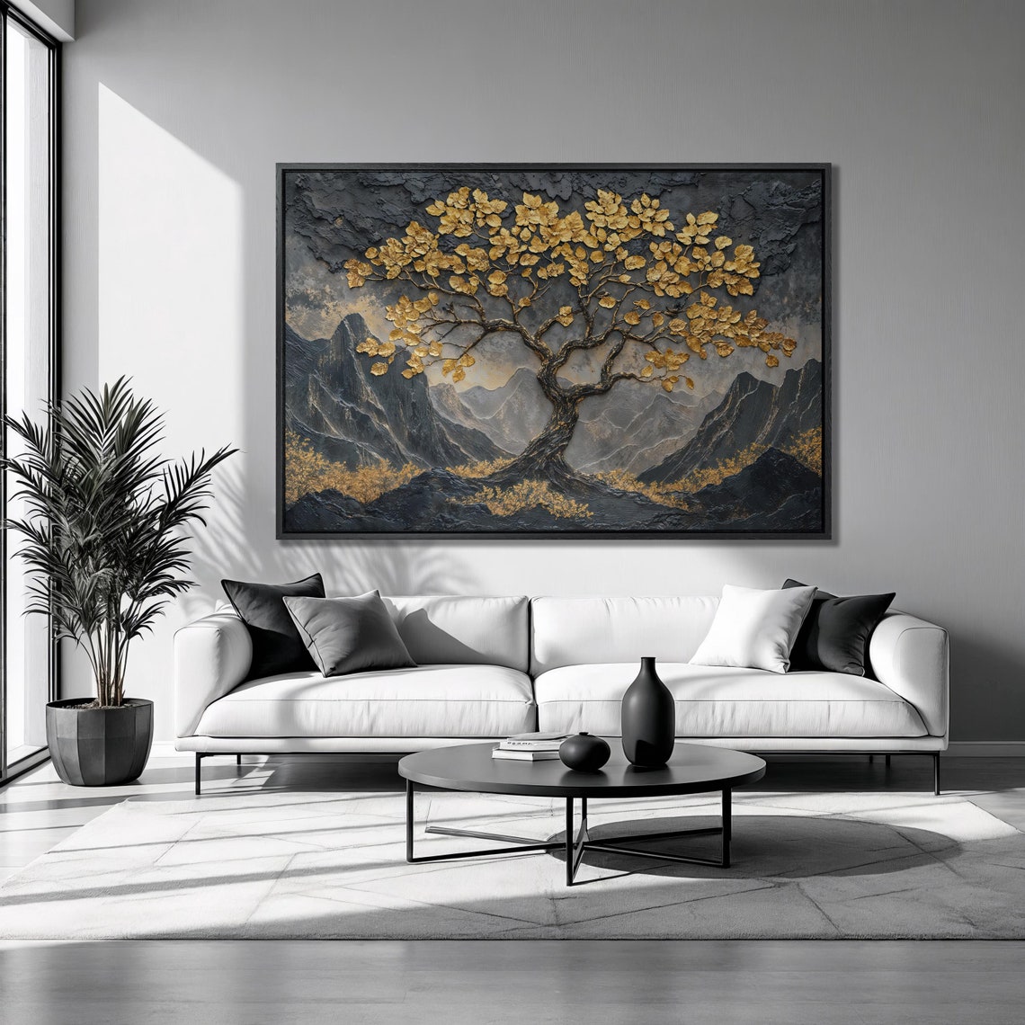 Gnarled Golden Leaf Tree On Dark Mountains Moody Landscape Poster