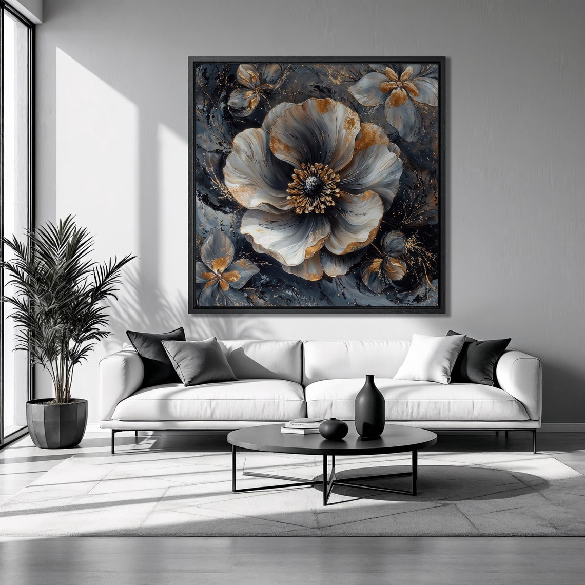 White Gray Flower Gold Accent Dark Background Luxury Floral Poster
