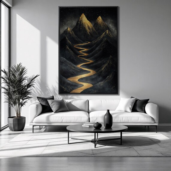 Dark Mountain Peaks Golden River Starry Night Vertical Art Poster
