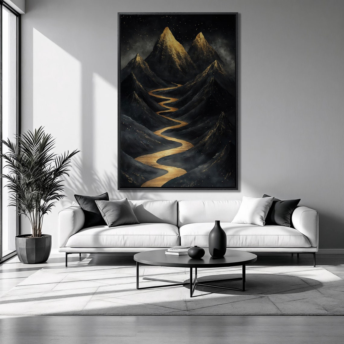 Dark Mountain Peaks Golden River Starry Night Vertical Art Poster