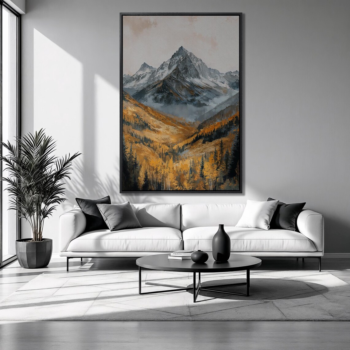 Snowy Rocky Mountain Landscape Art Print, Autumn Forest