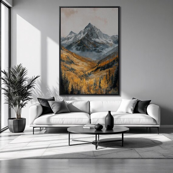 Snowy Rocky Mountain Landscape Art Print, Autumn Forest