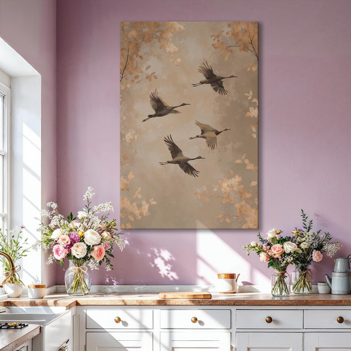 Four Cranes Flying Over Golden Sky Japanese Birds Wildlife Poster