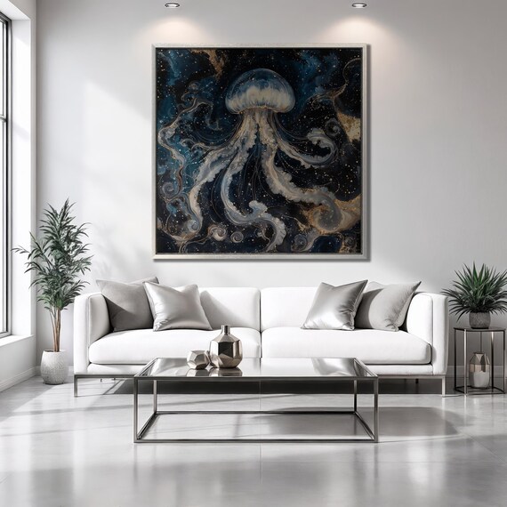 Surreal Jellyfish Framed Print Underwater Luxury Art Abstract Nautical And Cosmic Painting Print Square Decor Ready To Hang