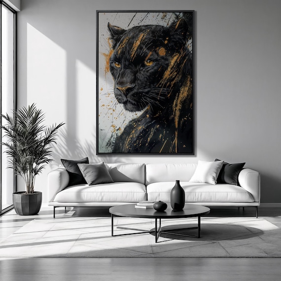 Black Panther Portrait Gold Paint Splashes Abstract Big Cat Art Poster