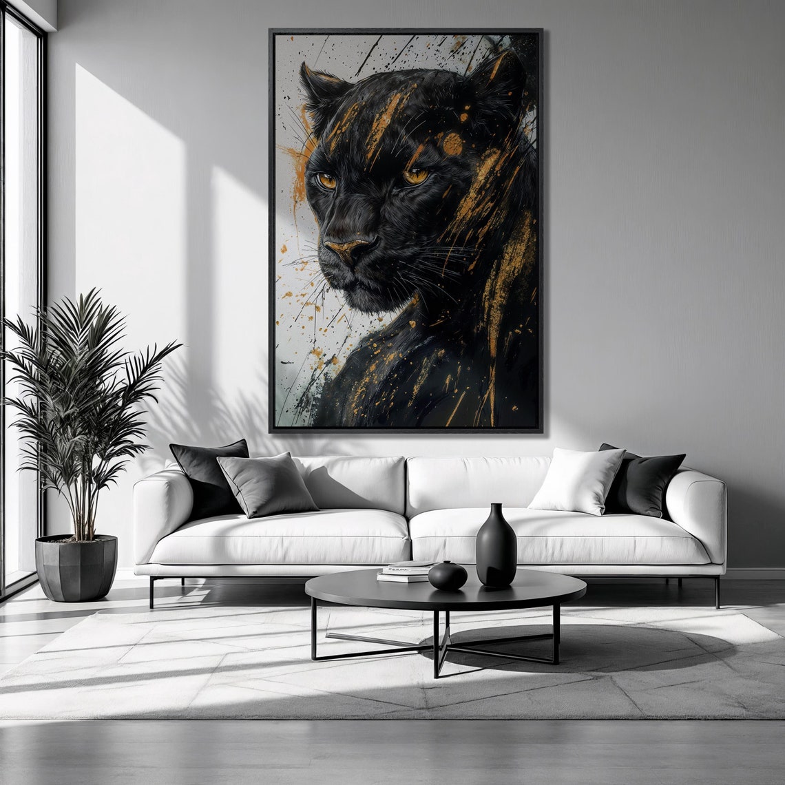 Black Panther Portrait Gold Paint Splashes Abstract Big Cat Art Poster
