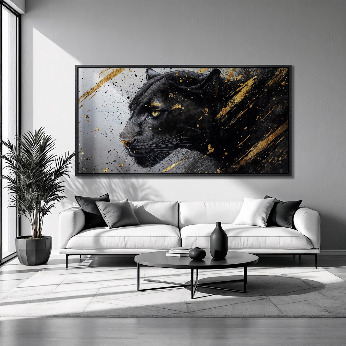 Black Panther Portrait With Gold Splash Abstract Wildlife Wall Art