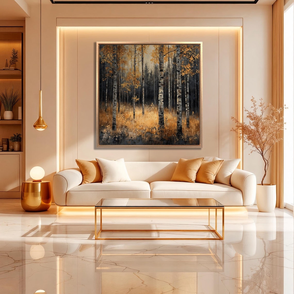 Birch Forest Golden Foliage Dark Background Square Warm Art Poster