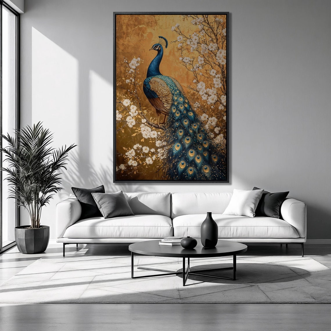 Peacock Perched On White Blossom Branch Golden Background Wall Art