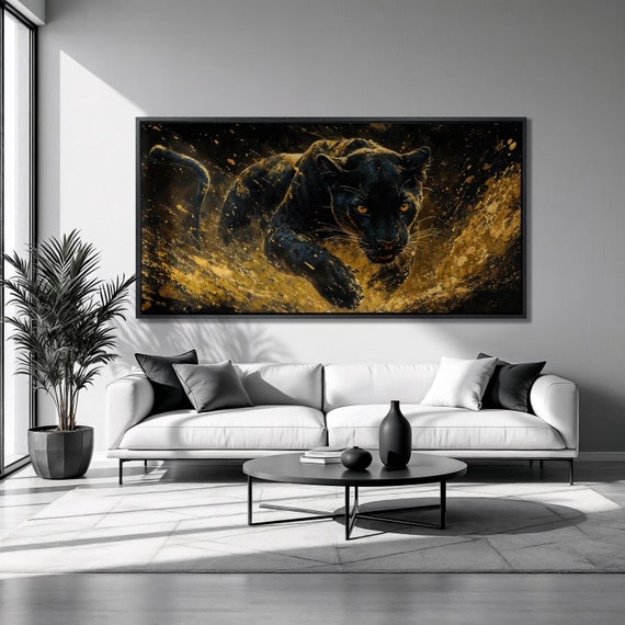 Black Panther Art Print, Abstract Golden Decor