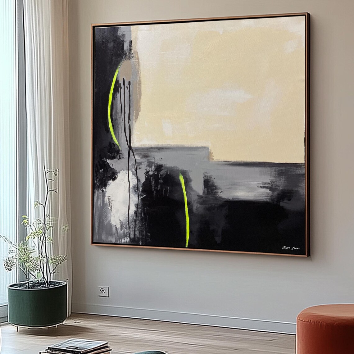 Black Beige and Gray Minimalist Abstract with Neon Green Art Poster - Image 4