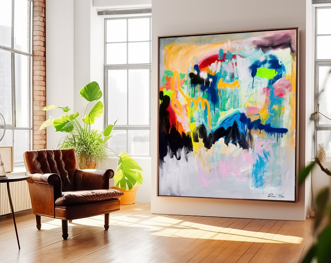Multicolor Abstract With Black Drips Painting By Ron Deri Poster