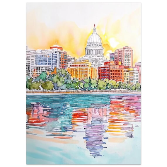 Madison Wisconsin Capitol Skyline Sunset Watercolor City Art Poster