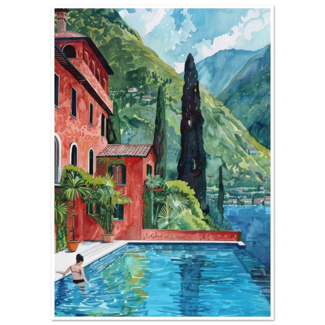 Lake Como Red Villa Pool Watercolor Italian Lakeside Art Print - Image 3