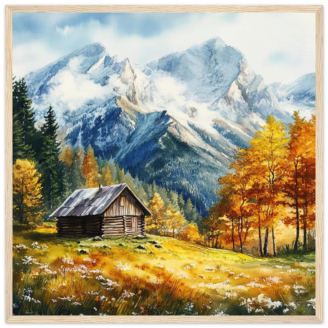 Rustic Mountain Cabin Watercolor Autumn Alps Log Home Snow Peak Poster