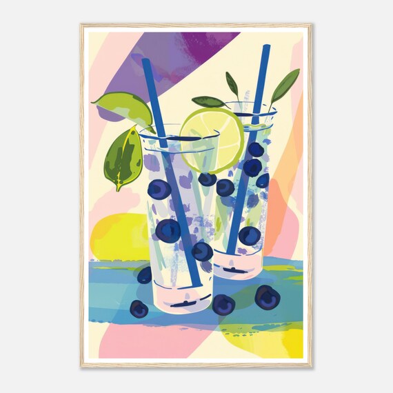 Blueberry Mojito Cocktail Lime and Straws Colorful Art Print