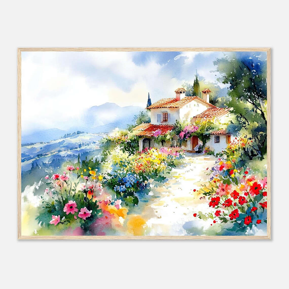 Tuscan Villa Garden Flowers Italian Countryside Watercolor Poster