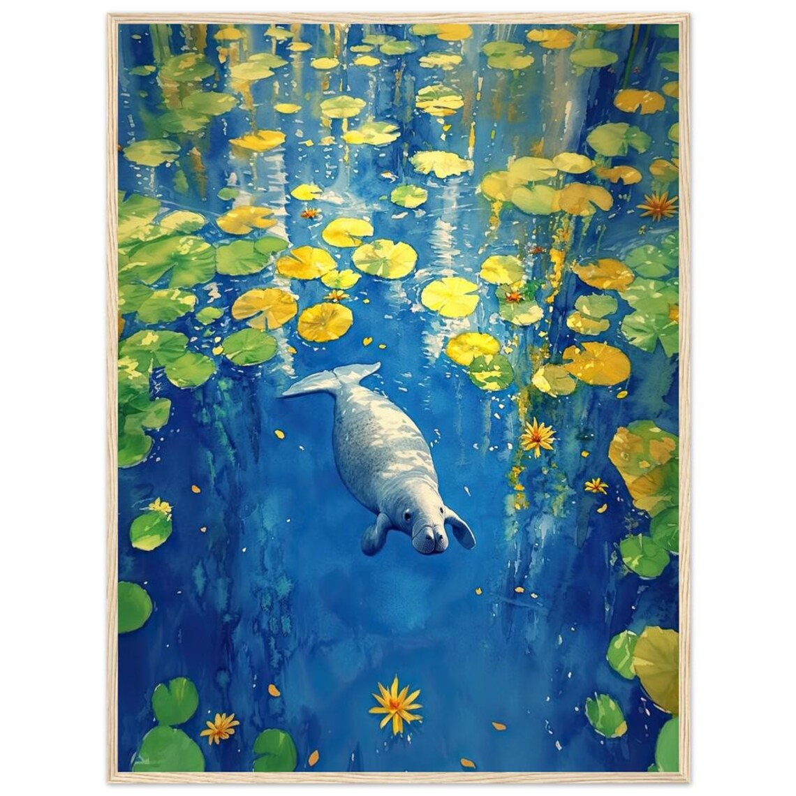 Manatee Swimming Among Lily Pads Vibrant Watercolor Wildlife Print