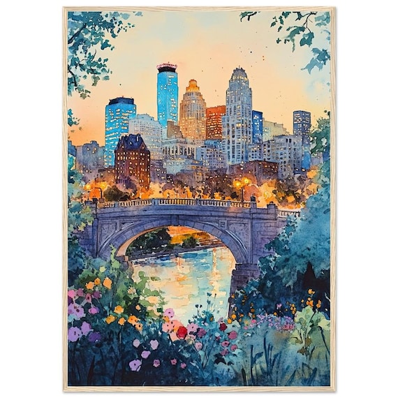 Minneapolis Skyline Sunset Bridge Watercolor City Blossoms Art Poster