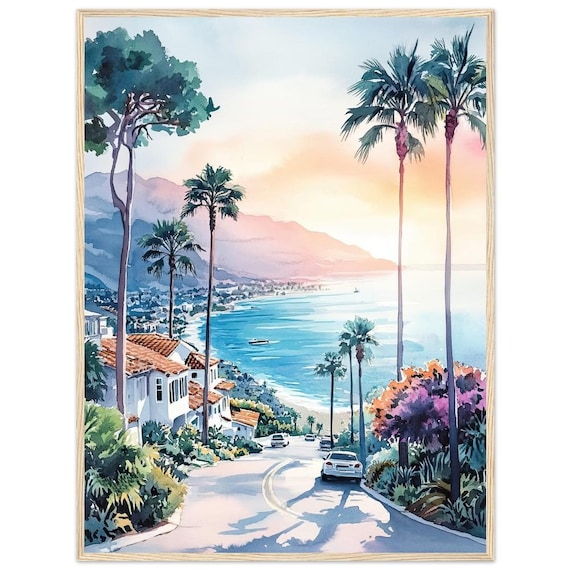 San Diego Coastal Sunset Palm Trees Ocean View Watercolor Art Poster