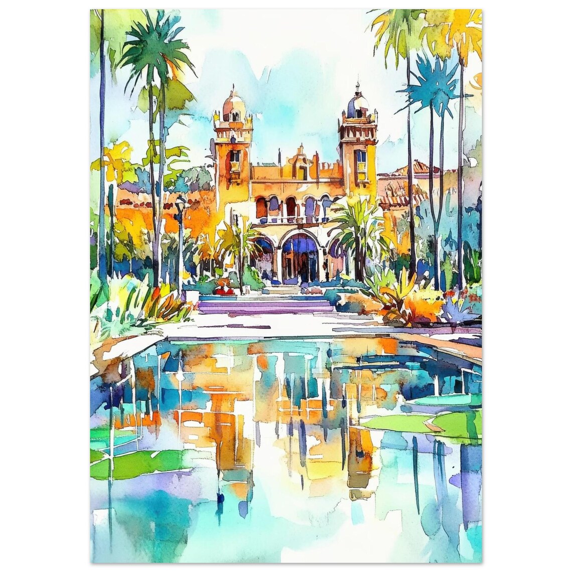 Balboa Park San Diego Watercolor Spanish Towers Travel Poster