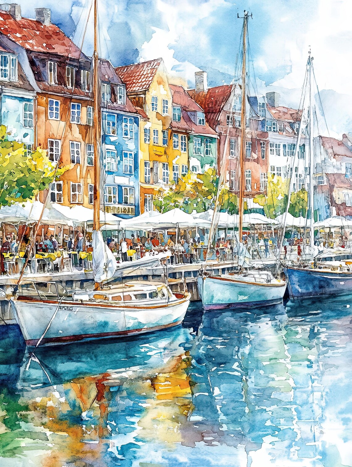 Copenhagen Watercolor Painting Print, Nyhavn Harbor