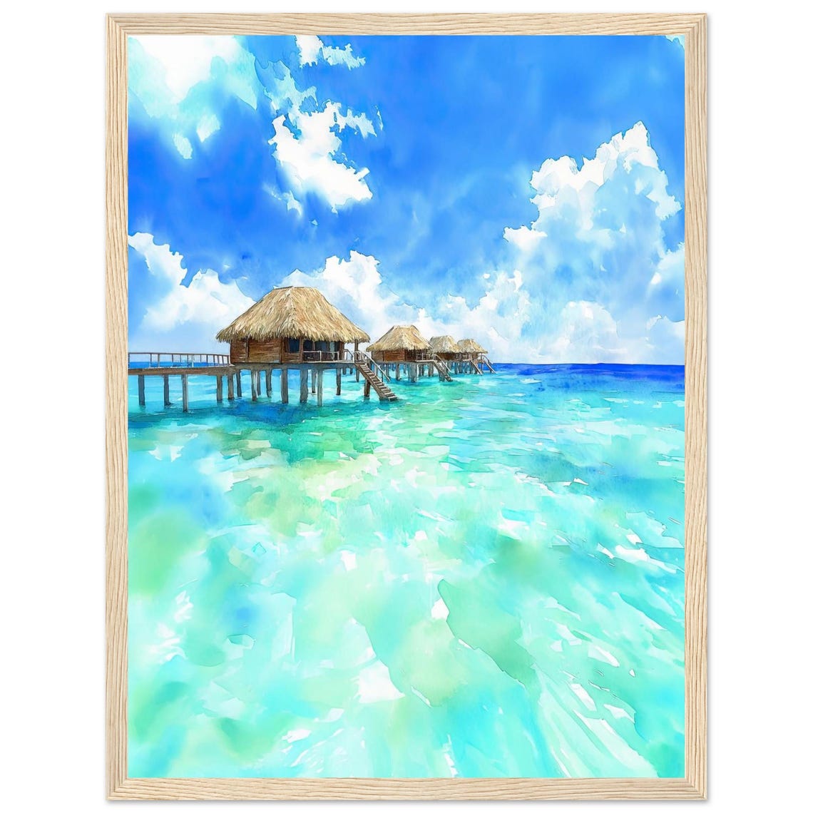 Bora Bora Overwater Bungalow Turquoise Lagoon Watercolor Poster